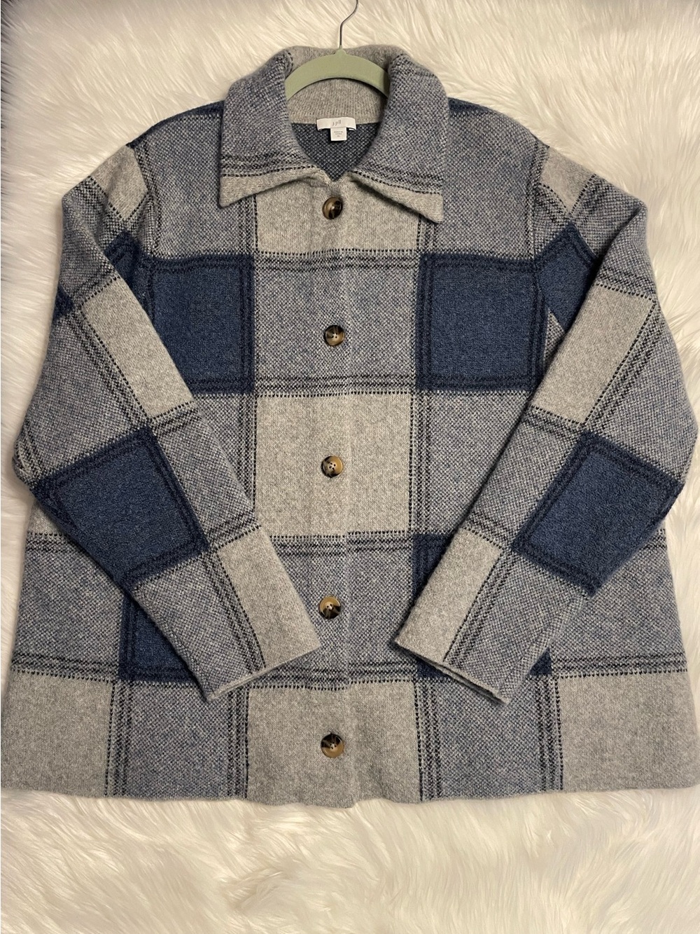 J.Jill, Wool, Jacket, Knit, Blue, Grey, Plaid, Soft, Stretch, Winter, XL, NWOT